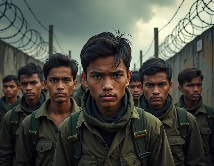 Foreground Focus: A group of young Nepali men (18–25 years old) dressed in rugged military-style outfits or partial army uniforms. They have serious, determined, or conflicted expressions.
Middle Ground: A barbed wire fence or a closed military gate symbol...