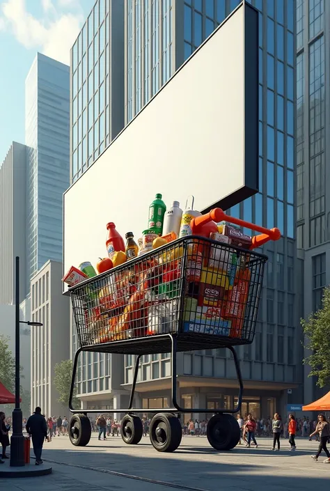 A big billboard in the form of a wheeled shopping cart with shopping inside has appeared in the city