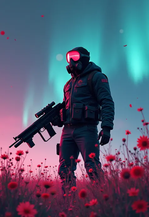   Man in a gas mask with a machine gun in a field of flowers ,Aurora in the sky ,Cyberpunk Art by Mike "Beeple" Shopman , amazing realism, retro punk nature wave defender, masterpiece      Spectacular Retrowave Art , 2009 SF8K movie synthwave art style , S...