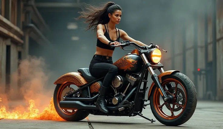 As the music intensifies, she mounts her customized motorcycle, designed with raw steel and mythical symbols like eagles and flames.