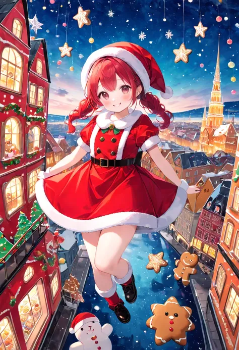 (masterpiece, best quality),crisped illustration,
picture book collage depicting,cute santa girl,solo,tween,(floating in waitressness sky above european ctown,floating sky high),smile,(>ω<),she is surrounded by cute gingerbreadman stuffed toy,wearing masco...