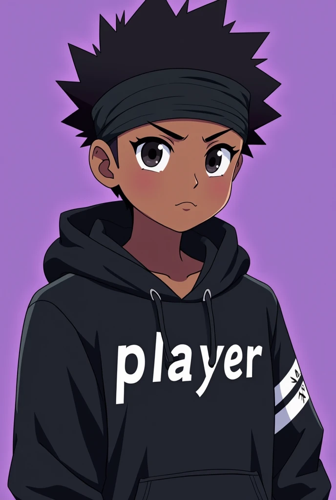 African-American skinned boy ,  bandaged black with a white X on the right.  Modern Gamer jacket that says : æ.player. With Japanese letters .  serious expression ,  purple background . ( anime style )