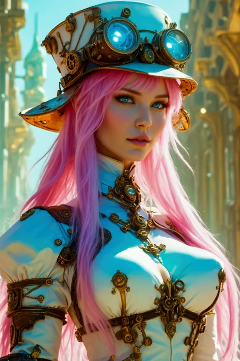 Imagine a beautiful woman with long straight neon pink hair with white skin with neon green eyes with a sculptural body wearing light red and white steampunk armor with ornaments wearing a Victorian top hat with brass bronze glasses on her head energizing ...