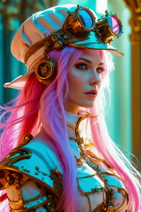 Imagine a beautiful woman with long straight neon pink hair with white skin with neon green eyes with a sculptural body wearing light red and white steampunk armor with ornaments wearing a Victorian top hat with brass bronze glasses on her head energizing ...