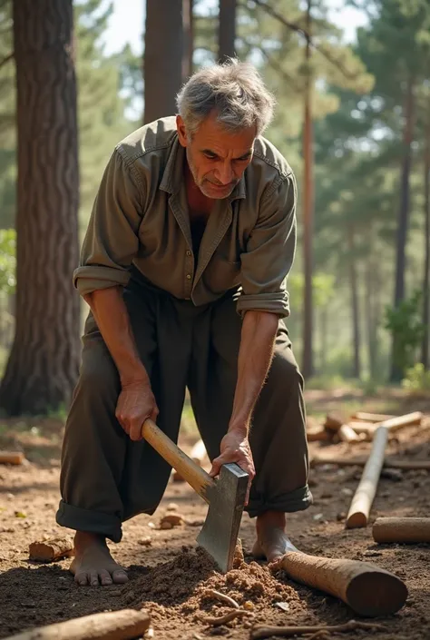 António Luís Santos da Costa,  with simple clothes and calloused hands ,  is chopping wood with an axe . He is in a rural setting ,  with tall trees in the background and pieces of wood scattered on the ground.  Sunlight penetrates the treetops ,  creating...