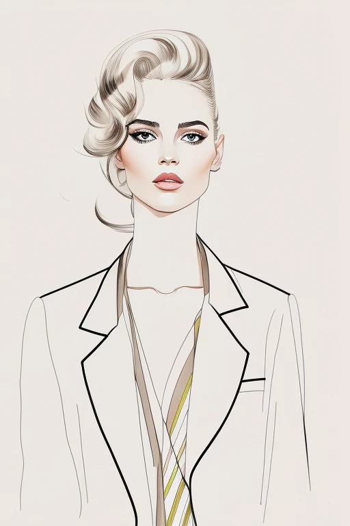 David downton fashion illustration, mustafa soydan drawing, line art sketch on a white background, beautiful woman face portrait, slim figure, jacket, natural color, rose color, gentle green, beige