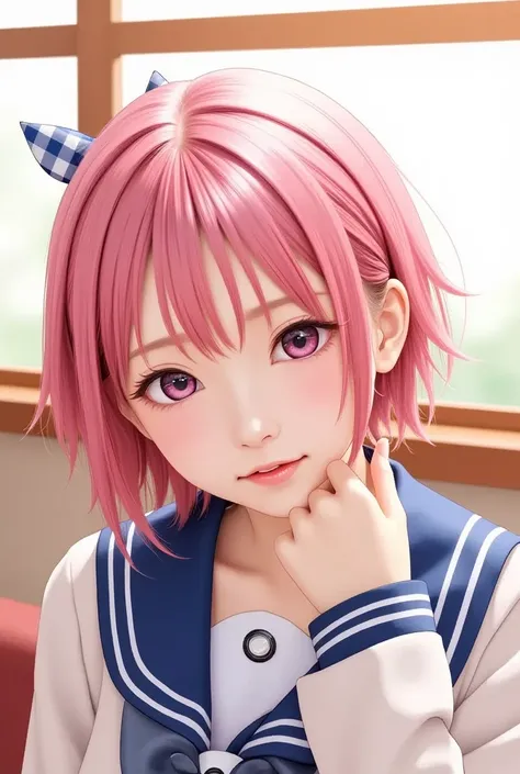  The greatest masterpiece ,  The characters have short pink hair styled like twins .  is adorned with blue plaid ribbons with a charming touch ,  she has bright pink eyes and a cheerful expression .  The composition focuses on the girls expressive features...