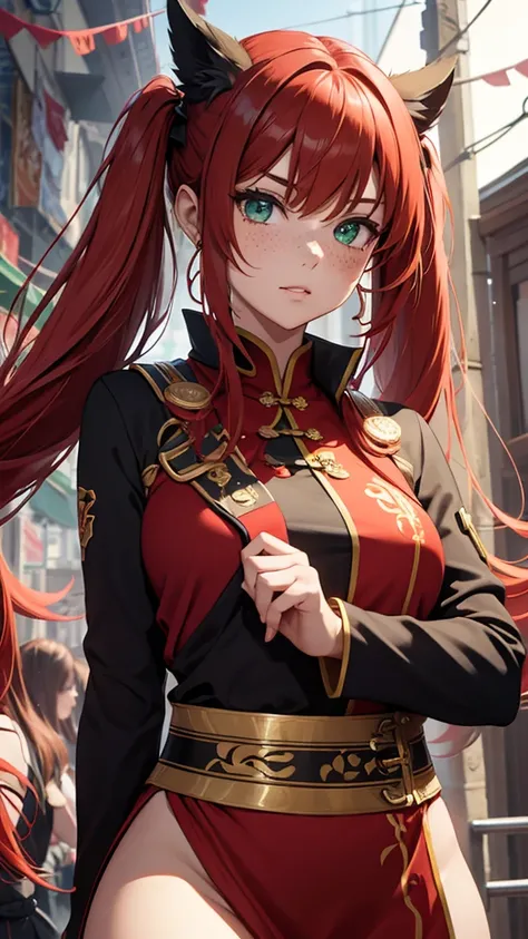 ( masterpiece : 1.3), (8k, realistic, foto RAW,  best quality: 1.4, body close up)  a woman ( long red hair ,  long twin tails ,  green eyes, freckles on the face,  correct anatomy)  red collared Chinese dress with gold details,  black gladiator sandal ,  ...