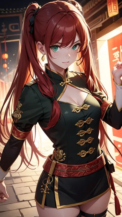 ( masterpiece : 1.3), (8k, realistic, foto RAW,  best quality: 1.4, body close up)  a woman ( long red hair ,  long twin tails ,  green eyes, freckles on the face,  correct anatomy)  red collared Chinese dress with gold details,  black gladiator sandal ,  ...