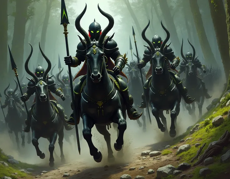 a horde of Centarus ( half man half horse )  wearing black armor with moss green details with black spears and bright green tips descending the slope and in front your general in black armor with white and moss green details with his black spear and red ea...