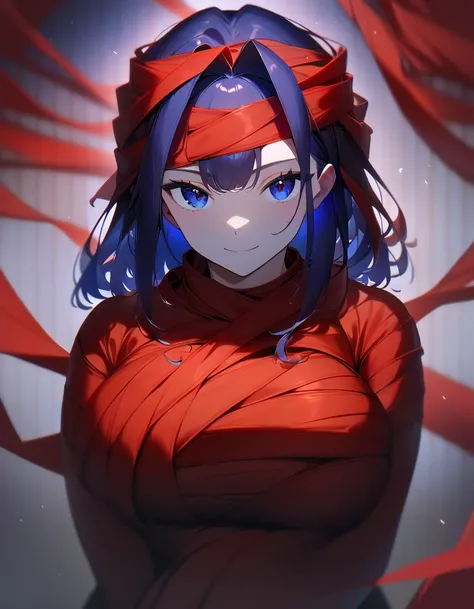 1girl, short dark blue hair, hair intakes, large breast, smiling, ((looking at viewer, naked, wrapped in red bandage, hands tied in front, sitting)), absurdres, high res, ultrasharp, 8K, masterpiece:1.4, illustrations, studio lighting