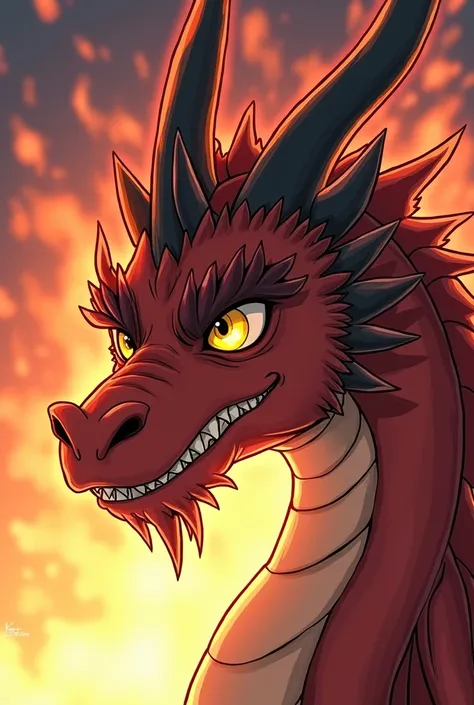 a close up of a cartoon of a dragon with a fire in the background, a comic book panel by Kanō Tanyū, pixiv, shin hanga, but as an anthropomorphic dragon, dragon in the background, as an anthropomorphic dragon, dragon head!, from cryptid academia, colossal ...