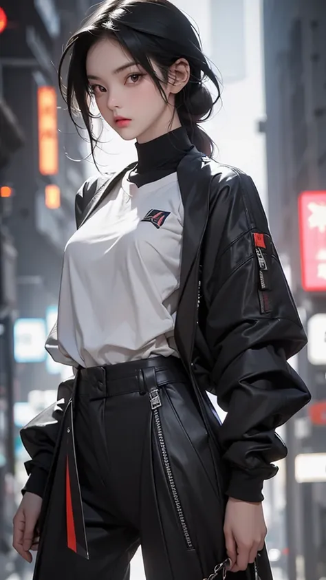 (  masterpiece ,   top quality ),   1 girl,   black hair, glass,   cyberpunk , Alone, Waist Height,   SEXY LOOK  