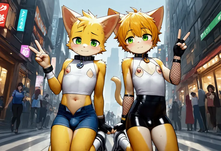 furry, 2boys, shota, yellow fur body, cat ears, symmetrical pose, peace sign, sweat, sci-fi, white sleeveless body suits, short pants, bulge, open fly, fingerless glove, fishnet arm covers, shoes, collar, navel cutout, nipple cutout, nipple jewelry accesso...