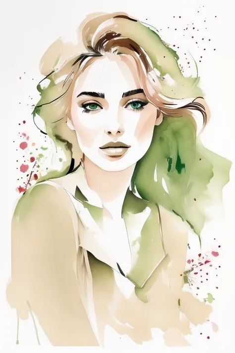 David downton fashion illustration, mustafa soydan drawing, line art sketch on a white background, beautiful woman face portrait, slim figure, jacket, natural color, rose color, gentle green, beige