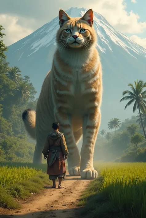 An Indonesian man stands next to a giant cat on a rice field road visible to a mountain