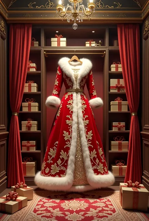 Imagine 1200px x 1200px size a luxury and massive wardrobe with more profile lights hanging the Santa dress on the coat hanger space and gifts on the shelves  