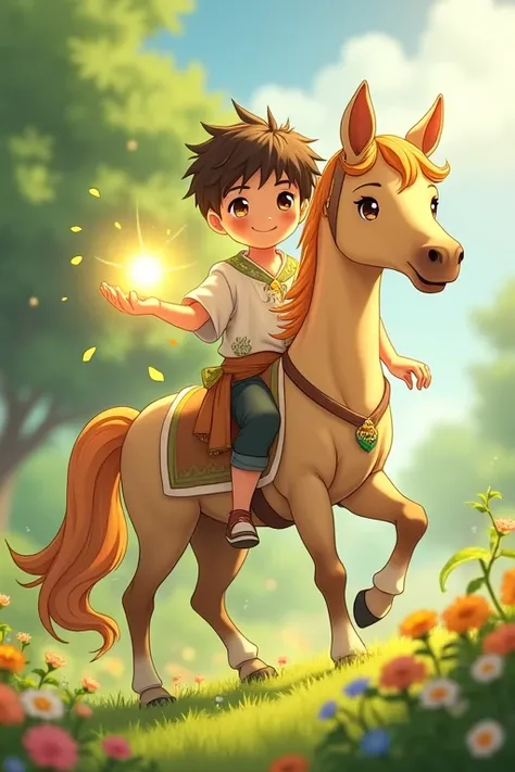 A teenage anime boy with a kind and compassionate expression, depicted as a centaur with a human upper body and a sleek horses lower body. He symbolizes health and vitality, with a glowing, ethereal aura surrounding him. His upper body is dressed in simple...