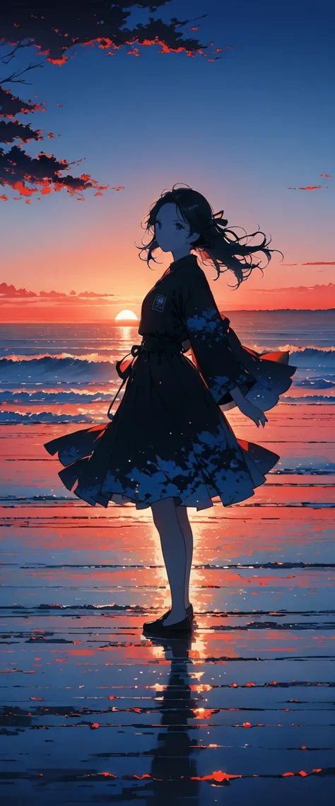 this images teeth is、    Spread your legs   、   It depicts the silhouette of a girl standing against a beautiful sunset.。.    light      ,      horizon    、    dark black      ,  teeth、 . That persons teeth、 this images teeth 。,      Expectations and  、  ,...