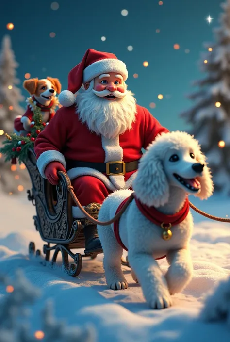 Santa Claus in his sleigh pulled by a Dalmatian and a poodle