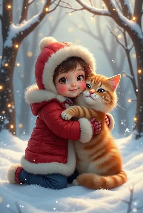 A baby in a red winter coat with fluffy fur trim hugging a beautiful Siberian cat. The snowy background features twinkling fairy lights in the trees.
