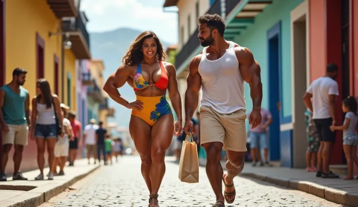 A tall and muscular woman from Brazil walks down a cobblestone street in the historic center of Salvador de Bahia, drawing stares with her imposing physique and confidence. She is 1.92 m (64) tall and weighs 113 kg (249 lbs) of perfectly defined muscles. B...