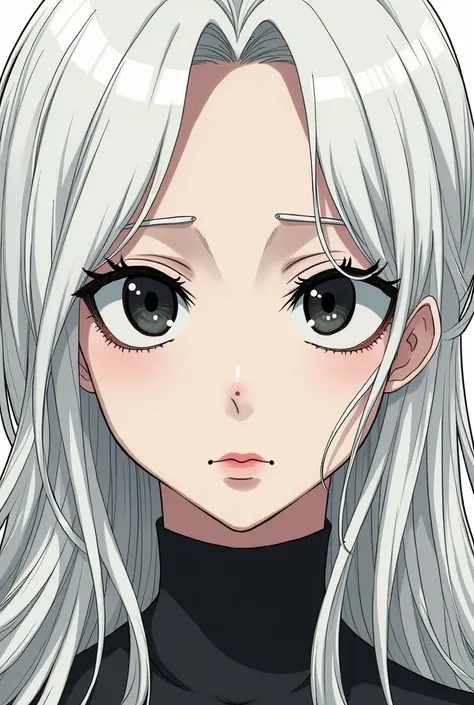  high quality, manga, art,  girl with white long hair,  black eyes  ,who look into the soul  , Adults, Serious facial features 