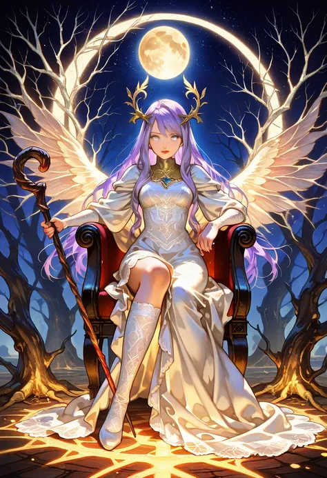 Estilo final fantasy tactics, Watercolor shading, hand-painted texture,   Dynamic Pose Style ,  a dark garden and a Nordic FAIRY , beautiful, white-skinned ,  in a white lace and embroidered dress ,  purple hair and wine red lips .  Sitting on a throne mad...