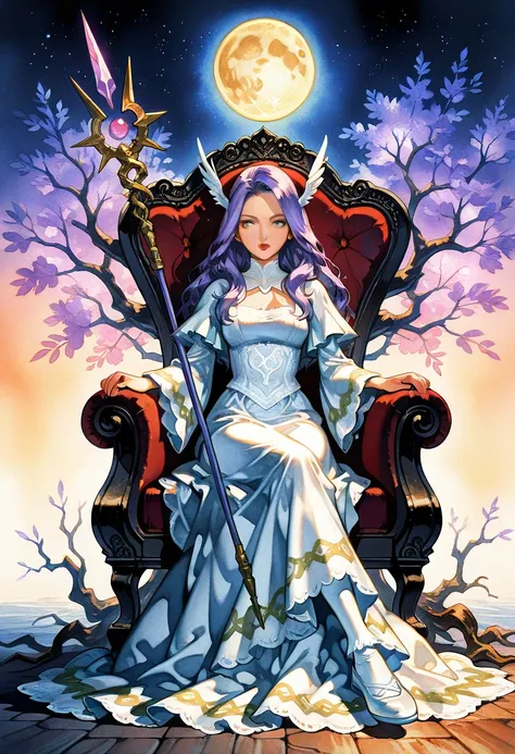 Estilo final fantasy tactics, Watercolor shading, hand-painted texture,   Dynamic Pose Style ,  a dark garden and a Nordic FAIRY , beautiful, white-skinned ,  in a white lace and embroidered dress ,  purple hair and wine red lips .  Sitting on a throne mad...