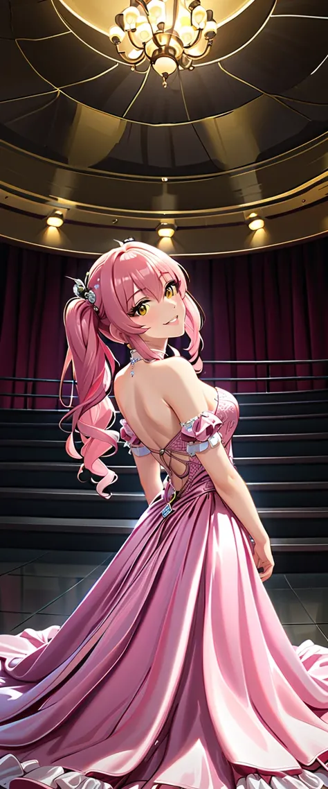 woman,20 years old,, venue,  knight ,((( sexy silk dress))),, open mouth smile,((  turn around and look back  )),Reflecting Buttocks ,  pink hair, Alone,  yellow eyes, A confident smile,  portrait,  twin tails,