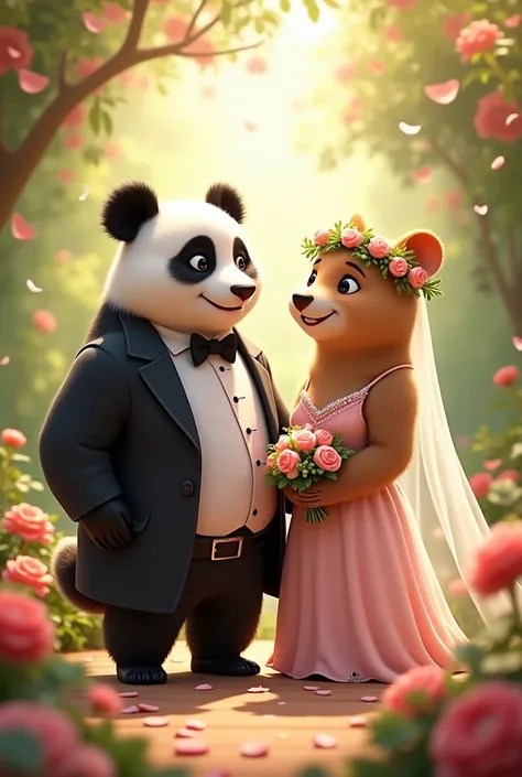 Make a wedding picture of Panda as groom and Capybara as pride happy together 