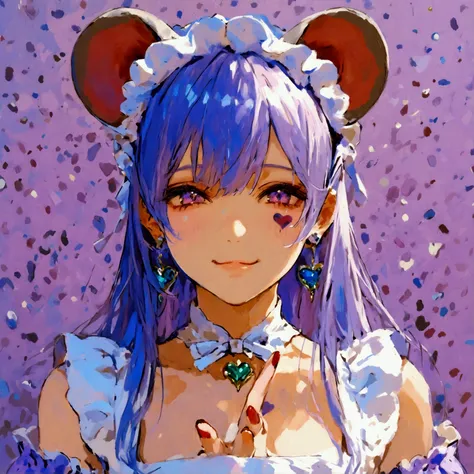  top quality , masterpiece,  748cm style ,  One girl , heart face mark , v over eye ,  nail polish,  viewers, light pink purple eyes ,   dark red nails,   closed mouse, light pink purple hair ,  upper body, smile,  Maid Apron , Mouse ears 、 maids headdress...