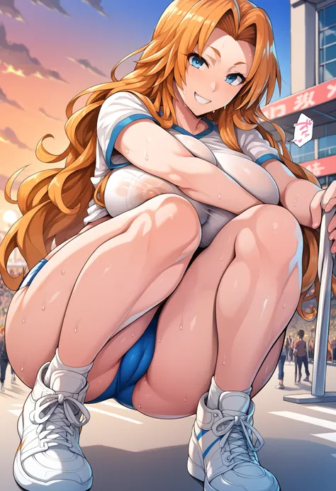 BREAK 1girl,Rangiku Matsumoto , long hair, blue eyes, orange hair, large breasts, sweat, sound effects, white gym cloth,navyblue buruma, white sox,sports shoes, looking at you, smile, BREAK score_9, score_8_up, score_7_up, score_6_up, source_anime BREAK (o...