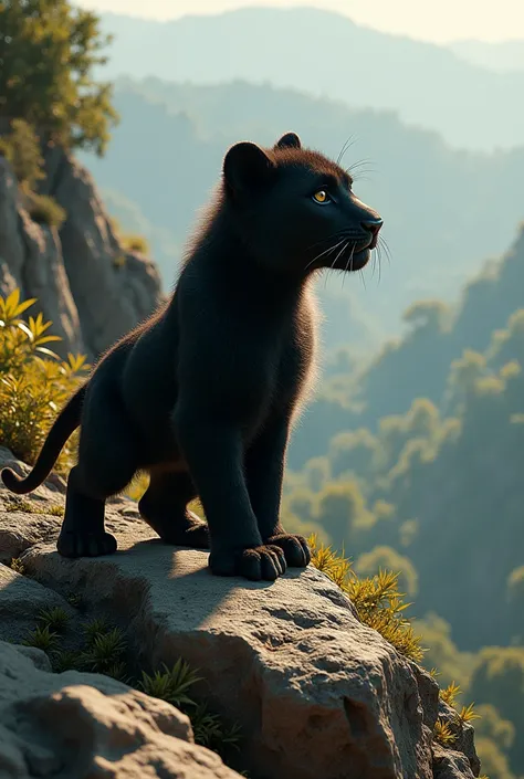 A Black  color lion cub is standing on the hill mountain looking towards the jungle make it realistic 