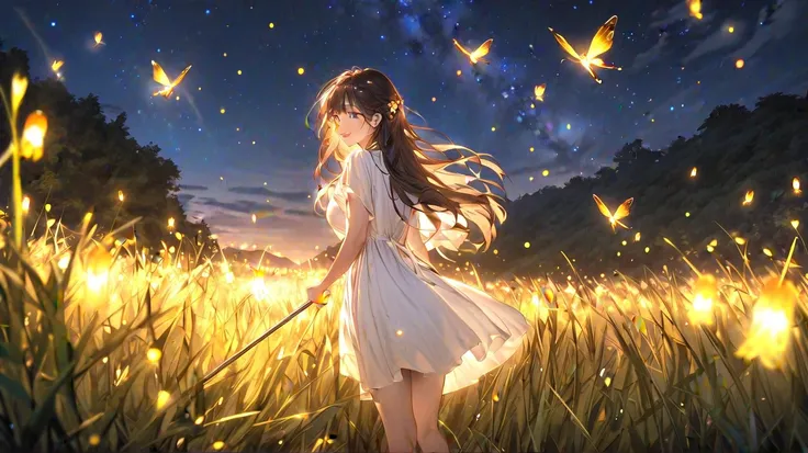 masterpiece:1.2, top quality ,  high res, 16k,  super real :1.37,  beautiful details,  beautiful girls,  standing in a beautiful pose ,  smiles gently, flowing hair, Night Grassland,  firefly in hands,  firefly on hair, Many  firefly fly around:1.3, Firefl...