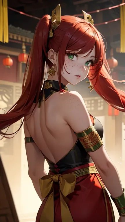 ( masterpiece : 1.3), (8k, realistic, foto RAW,  best quality: 1.4, body close up)  a woman back view( long red hair ,  long twin tails ,  green eyes, freckles on the face,  correct anatomy)  red collared Chinese dress with gold details,  black gladiator s...