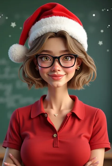 A female teacher wearing glasses with short wavy light brown hair with highlights wearing a red polo neck t-shirt wearing a Santa Claus hat 