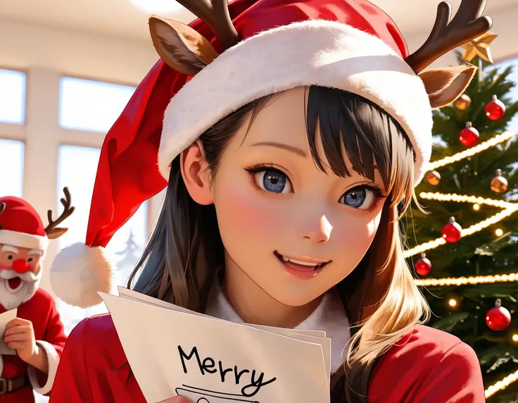  Masterpiece, (highest quality, high resolution, skin clarity, skin details, eye details, face details, 4K, 8k),(realistic, photorealistic: 1.5), cute anime style girl,(( little character holding paper, Transformed Characters )),(( dancing Santa Claus and ...