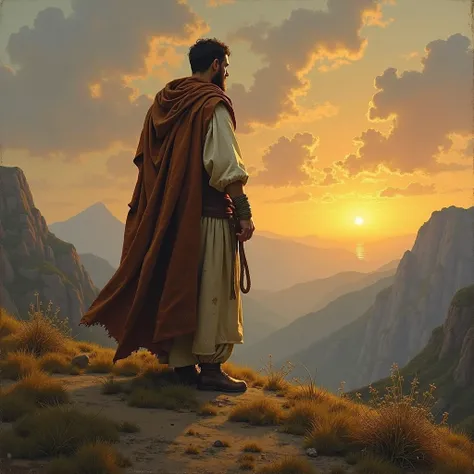  realistic painting of a man with his back wearing a worn and dirty robe, Old robe and a rope around the waist standing on a hill, mountains and sunsets on the background of the image .