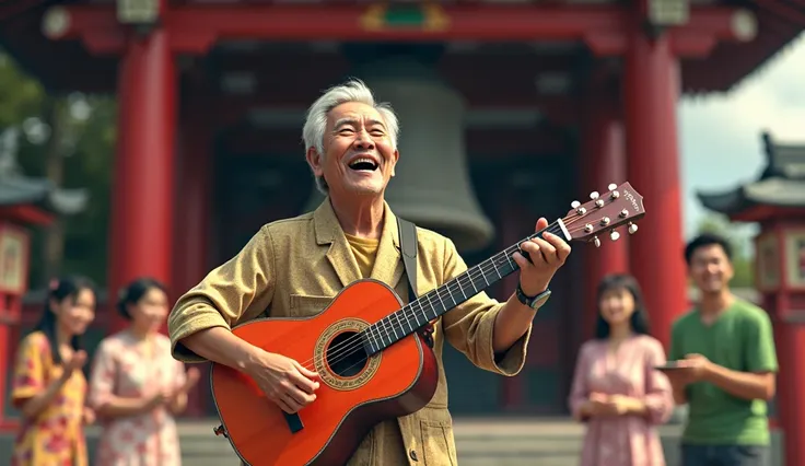 Brighten up people 、Japanese Temples、A middle-aged Japanese man singing reggae by himself while playing the guitar 、 in front of the bell hall with a large bell hanging、A few drafted people around 、 real