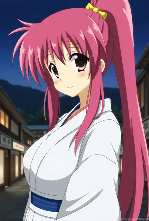 1girl, signum, lyrical nanoha, long hair, magenta hair, high ponytail, hair ribbon, yellow ribbon, shiny hair, mature, tall female, medium breasts, (white bath yukata), (simple blue sash:1.4), hanten (clothes), faint smile, parted lips, face focus, close-u...