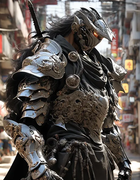 , an Arapheid man in black, holding a sword and a helmet,   covered in full metal armor  ,  Radiant Metal Gear ,  Chic Cyber Armor ,  Covered in Full Silver Armor ,  stills from the movie of a cyber villain , Samurai Cyborg , Cyborg Ninja,  Raiden from Met...