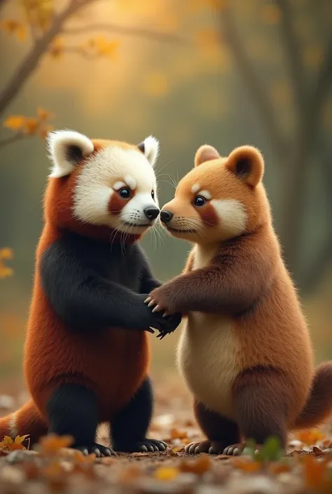 Come up with pictures portraying the story of two strangers (panda as male and Capybara as female) meeting unexpectedly and falling in love with eachother and finally marrying and have their own family 