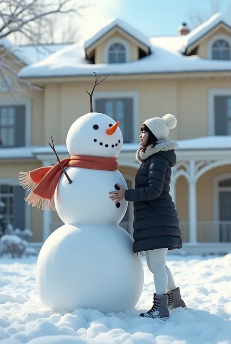   a  Brazilian ,  short wavy black hair without fringe ,  she is standing in the snow riding a large snowman with a scarf wrapped around the dolls neck, A wears a black winter coat  , white pants,  white wool cap head ,   baby in a snowy outdoor area with ...