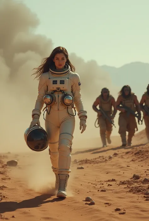 movie"Planet of the Apes"One scene from the female version of 、 The space shuttle crash-landed on a planet 、 A 28-year-old white female astronaut with very beautiful, glamorous, brunette hair takes off her helmet and explores the planet in an ivory-colored...