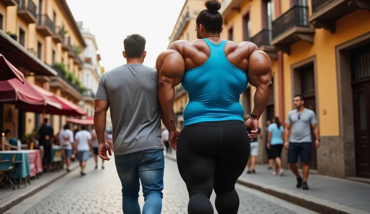 A tall and muscular woman from Peru walks arm-in-arm with a shorter and slimmer man down a lively street in downtown Lima, standing out from the crowd with her imposing physique. She is 1.94 m (65) tall and weighs 118 kg (260 lbs) of muscle, while he is 1....