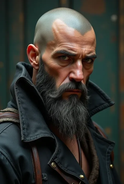  A pirate captain with a shaved head , he is short and thin .  His face is rather round ,  with a dark-billed beard with some gray hair,  his eyes are green and cold , but with a mischievous look .  He looks like a character from black sails .  And he is r...