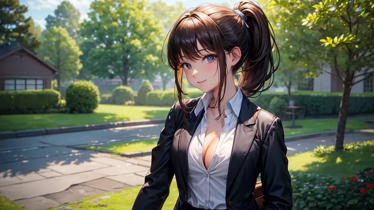 1girl, solo, mature girl, summer, trees, house, fantasy landscape, water, light brown hair, ponytail, large full breasts, dark blue eyes, ((black blazer)), ((white silk shirt)), ((unbuttoned shirt)), ((unbuttoning shirt)), black mini skirt, smile, looking ...