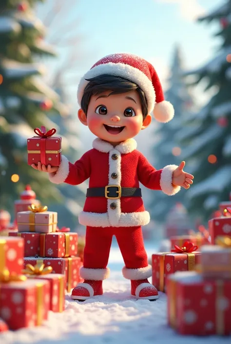  Christmas cute boy 3d wear santa claus and many presents  and one present on hand stand outdoor 
