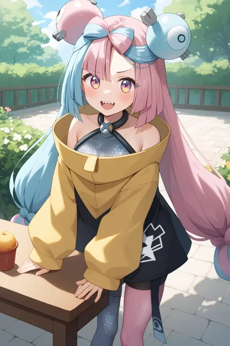 NSFW,masterpiece, top quality , high res, very detailed,Pokemon Iono、 blue hair、Bow-shaped hair、キャラクターの hair ornament、 hair ornament、 long hair、低く結んだ long hair、Multicolored Hair、 pink hair、 keen teeth、 split color hair、 twin tails、 two-tone hair 、 pink eye...